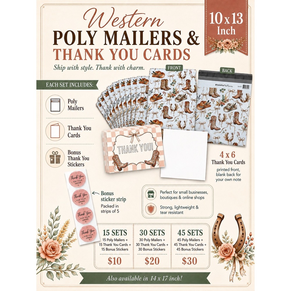 45pc Western Boutique Shipping Bundle 10x13 Poly Mailers Thank You Cards Trendy